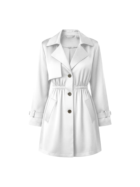 Women's Trench Coat Button Lapel Long Sleeve Waist Drawstring Jacket Mid-Length Elegant Outerwear for Casual Outdoor (White,XXL)