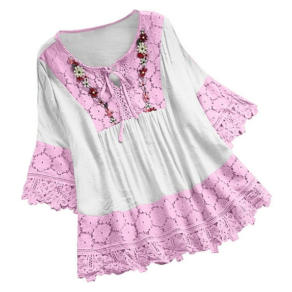 Scyoekwg Women's Tunic Tops for Leggings Vintage Three Quarter Sleeve Top Lace Patchwork Bow V Neck Blouses
