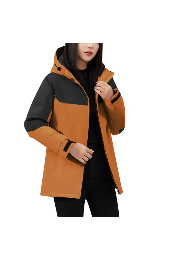 Women's Waterproof Zip Up Jacket Hooded Windbreaker Long Sleeve Rain Jacket Travel Hiking Trench Coat with Pockets (Gold,XXL)