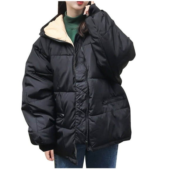 Scyoekwg Women's Winter Coats Casual Hooded Down Jacket Long Sleeve Loose Jacket Solid Color Oversized Warm Coats Outerwear (Black,XS)
