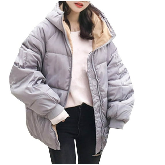 Scyoekwg Women's Winter Coats Casual Hooded Down Jacket Long Sleeve Loose Jacket Solid Color Oversized Warm Coats Outerwear (Gray,XL)
