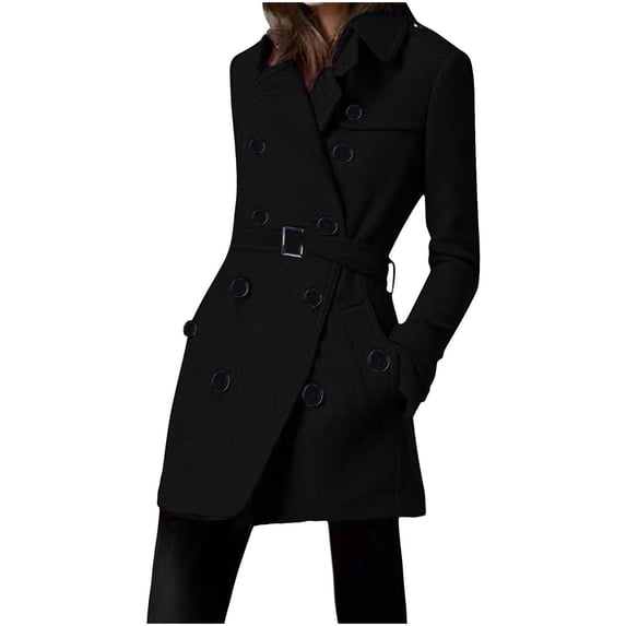 Scyoekwg Women's Winter Coats Fall Jacket Double Breasted Mid-Length Jackets Classic Solid Long Sleeve Trench Coats Windproof Jacket With Belt (Black,XXL)
