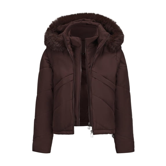Scyoekwg Women's Winter Coats Hooded Short Parkas Jackets Long Sleeve Zip Up Jacket Fashion Solid Color Outerwear (Brown,XXL)