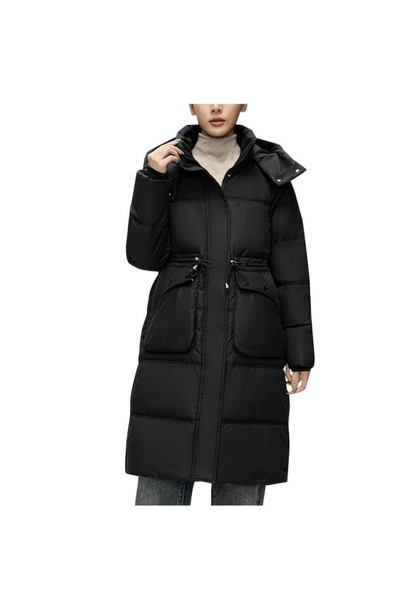 Women's Winter Coats Long Parka Jackets Drawstring Waist Padded Down Jackets Long Sleeve Hooded Warm Puffer Coats (Black,XXL)