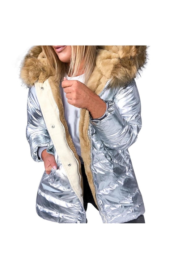 Women's Winter Coats Sequin Bling Warm Zip Up Jacket Hooded Long Sleeve Thickened Warm Puffer Jackets (Silver,M)