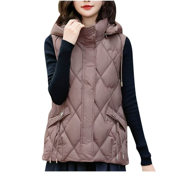Scyoekwg Women's Winter Sleeveless Coats Casual Baggy Puffer Down Jackets Fashion Drawstring Outerwear with Pockets (Coffee,XXXL)