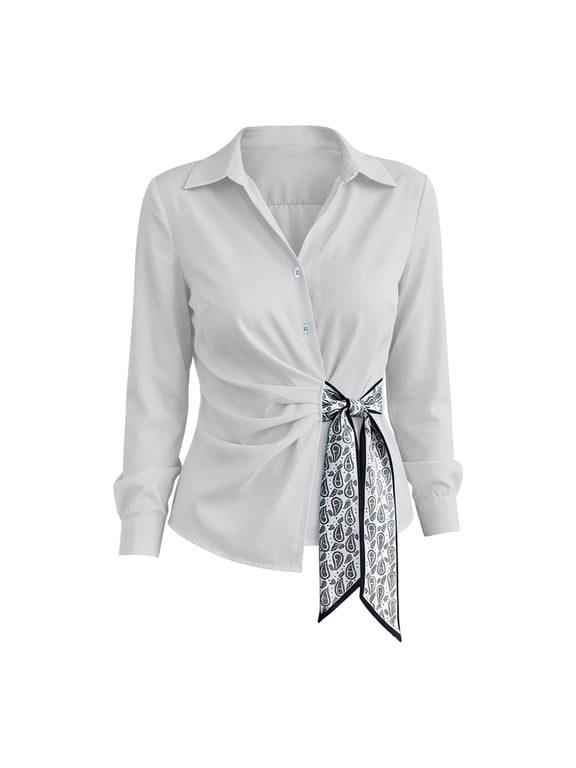 Women's Wrap Button Down Shirts Collared Long Sleeve Side Twist Tie Top Solid Color Slim Fit Casual Dressy Blouses (White,L)