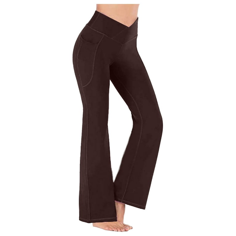 Scyoekwg Women's Yoga Pants Flare Leggings High Waist V Cross Stretchy Bell  Bottoms Pants Sports Workout Yoga Pants with Pockets Brown XL 