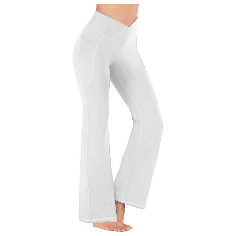 Scyoekwg Women's Yoga Pants Flare Leggings High Waist V Cross Stretchy Bell  Bottoms Pants Sports Workout Yoga Pants with Pockets White XL