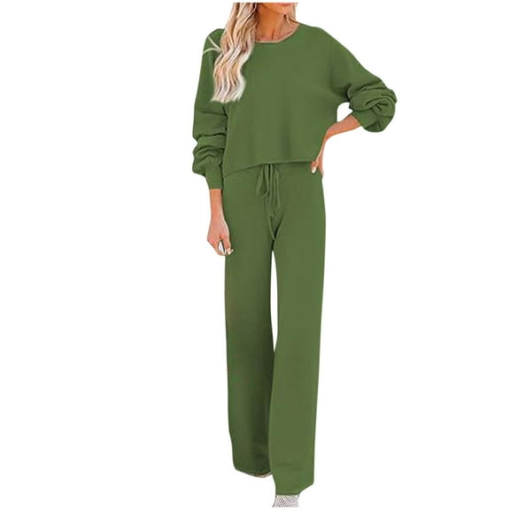 Scyoekwg Women's two Piece Outfits Loose Fall Outfits Crewneck Long Sleeve Tops Wide Legs Pants Two-piece Set Solid Color Casual Fashion Matching Sets (Army Green,XXL)