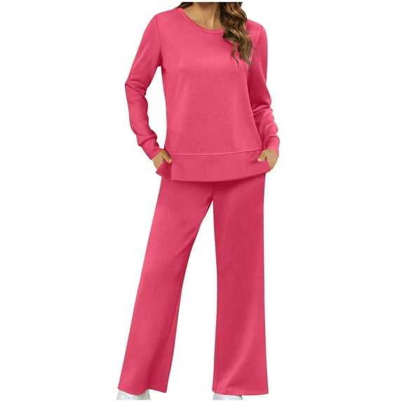 Scyoekwg Womens 2 Piece Casual Set 2025 Fall Outfits Solid Color Round Neck Long Sleeve Side Split Tops Pullover Pants Set Matching Set Loungewear (Hot Pink,XL)