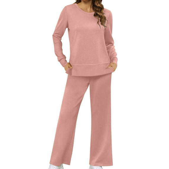 Scyoekwg Womens 2 Piece Casual Set 2025 Fall Outfits Solid Color Round Neck Long Sleeve Side Split Tops Pullover Pants Set Matching Set Loungewear (Pink,L)