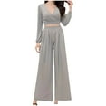 thumbnail image 1 of Scyoekwg Womens 2 Piece Loose Casual Solid Color Fashion Fall Outfits V-Neck Long Sleeve Tops Wide Legs Pants Casual Outfits Outfits (Gray,XL), 1 of 5