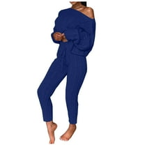 Scyoekwg Womens 2 Piece Outfit Set Fall Outfits Solid Color Sweater Sets Crewneck Long Sleeve Tops Two-piece Set Casual Comfortable Fashion Loose Matching Sets (Blue,XXL)