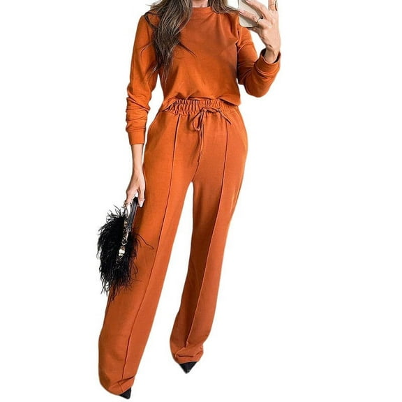 Scyoekwg Womens 2 Piece Outfit Tracksuits Fall Outfits Long Sleeve Sweatshirt Wide Leg Pants Fashion Matching Outfits Casual Outfits Sets (Orange,S)