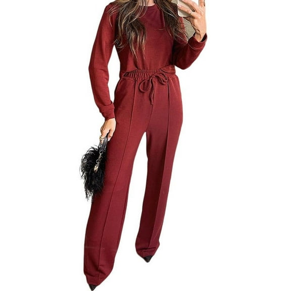 Scyoekwg Womens 2 Piece Outfit Tracksuits Fall Outfits Long Sleeve Sweatshirt Wide Leg Pants Fashion Matching Outfits Casual Outfits Sets (Wine,S)