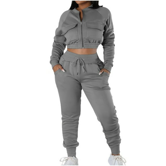 Scyoekwg Womens 2 Piece Outfit Tracksuits Fall Outfits Short Long Sleeve Sweatshirt Jogger Sweatpant Matching Outfits Casual Two Piece Set Fashion Tracksuit (Gray,S)