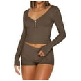 thumbnail image 1 of Scyoekwg Womens 2 Piece Outfits Casual Fashion Loose Solid Color Button Slim V-Neck Long Sleeve Tops Shorts Casual Outfits Fall Outfits Matching Sets (Brown,L), 1 of 6