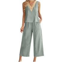 Scyoekwg Womens 2 Piece Outfits Casual Sleeveless Round Neck Crochet Lace Trim Tops Wide Leg Pants Loose Solid Color Trendy Cotton Linen Sweatsuits Sets Casual Outfits (Gray,XXXL)