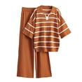 thumbnail image 1 of Scyoekwg Womens 2 Piece Outfits Casual Striped Sweatsuits Sets Loose Trendy Tracksuit Short Sleeve Round Neck Tops Wide Leg Pants Matching Sets (Orange,Free Size), 1 of 3