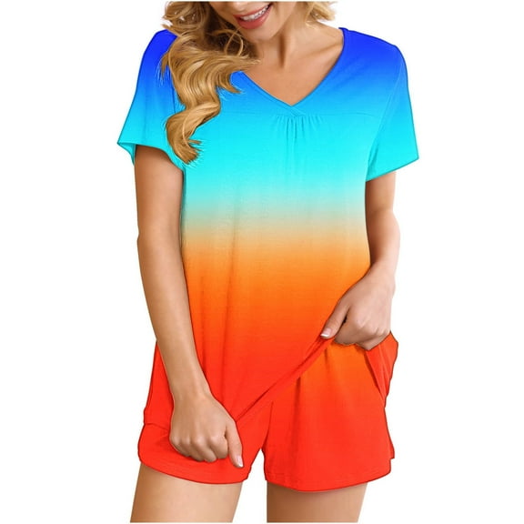 Scyoekwg Womens 2 Piece Outfits Casual Sweatsuits Sets Loose Gradient Color Trendy Short Sleeve V-Neck Tops Shorts Casual Tracksuit Matching Sets (Light Blue,XL)