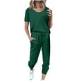 thumbnail image 1 of Scyoekwg Womens 2 Piece Outfits Casual Tracksuit Loose Sweatsuits Sets Solid Color Short Sleeve Round Neck Drawstring Tops Jogger Pants Casual Trendy Outfits (Green,M), 1 of 5