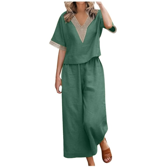 Scyoekwg Womens 2 Piece Outfits Cotton Linen Solid Color Trendy Short Sleeve V-Neck Tops Wide Leg Pants Loose Casual Tracksuit Sweatsuits Sets (Green,XXXXXL)