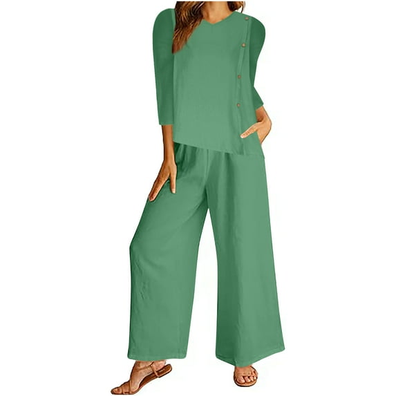 Scyoekwg Womens 2 Piece Outfits Cotton Linen Trendy Sweatsuits Sets Solid Color Short Sleeve Round Neck Tops Wide Leg Pants Casual Loose Outfits (Green,XL)