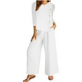 thumbnail image 1 of Scyoekwg Womens 2 Piece Outfits Cotton Linen Trendy Sweatsuits Sets Solid Color Short Sleeve Round Neck Tops Wide Leg Pants Casual Loose Outfits (White,M), 1 of 8