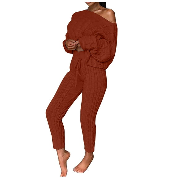 Scyoekwg Womens 2 Piece Outfits Fall Outfits Solid Color Crewneck Long Sleeve Tops Two-piece Set Casual Fashion Loose Matching Sets (Wine,XXL)