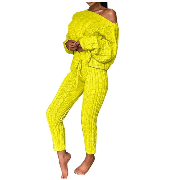 Scyoekwg Womens 2 Piece Outfits Fall Outfits Solid Color Crewneck Long Sleeve Tops Two-piece Set Casual Fashion Loose Matching Sets (Yellow,L)