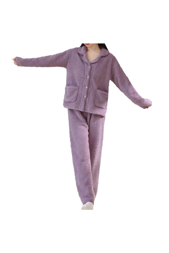 Womens 2 Piece Outfits Lamb Wool Pajamas Sets Winter Lapel Button Long Sleeve Tops with Pockets Wide Leg Pants Matching Sets Loungewear (Purple,L)