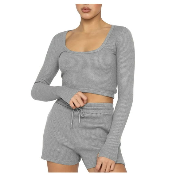 Scyoekwg Womens 2 Piece Outfits Solid Color Fall Outfits Crewneck Long Sleeve Tops Shorts Casual Outfits Casual Loose Fashion Set (Gray,M)