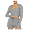 thumbnail image 1 of Scyoekwg Womens 2 Piece Outfits Solid Color Fall Outfits Crewneck Long Sleeve Tops Shorts Casual Outfits Casual Loose Fashion Set (Gray,S), 1 of 8