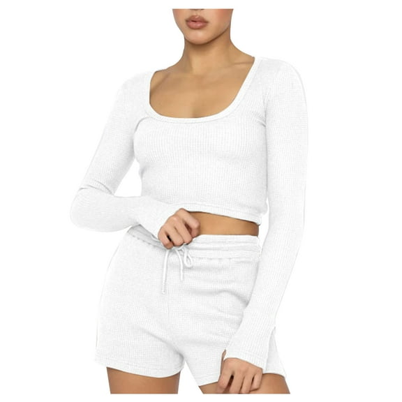 Scyoekwg Womens 2 Piece Outfits Solid Color Fall Outfits Crewneck Long Sleeve Tops Shorts Casual Outfits Casual Loose Fashion Set (White,M)