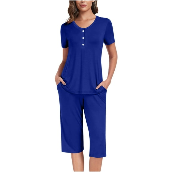 Scyoekwg Womens 2 Piece Outfits for Summer Short Sleeve Button Round Neck Pleated Tops Wide Leg Pants Home Pajamas Sets Casual Sweatsuits Sets Loose Solid Color Sports Set (Blue,XXL)