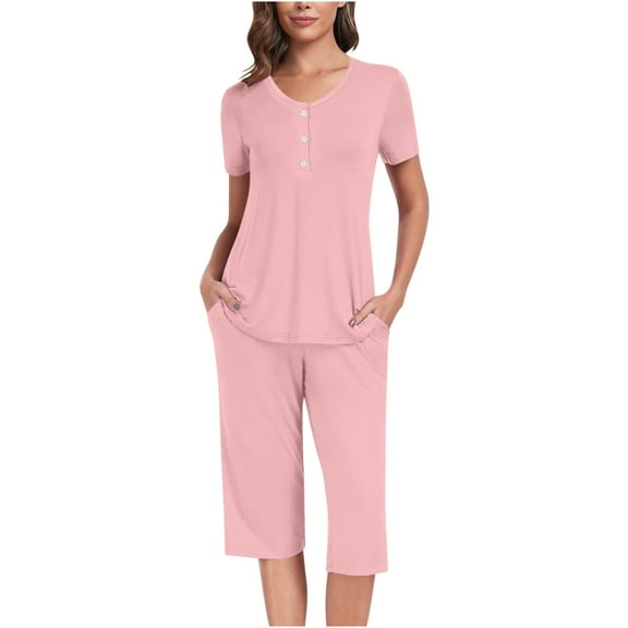 Scyoekwg Womens 2 Piece Outfits for Summer Short Sleeve Button Round Neck Pleated Tops Wide Leg Pants Home Pajamas Sets Casual Sweatsuits Sets Loose Solid Color Sports Set (Watermelon Red,XL)