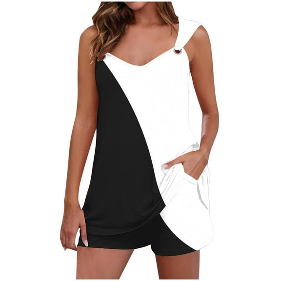 Scyoekwg Womens 2 Piece Outfits Summer Sprots Sets Color Matching V-neck Sleeveless Camisole Top Shorts Workout Set (Black,XXL)