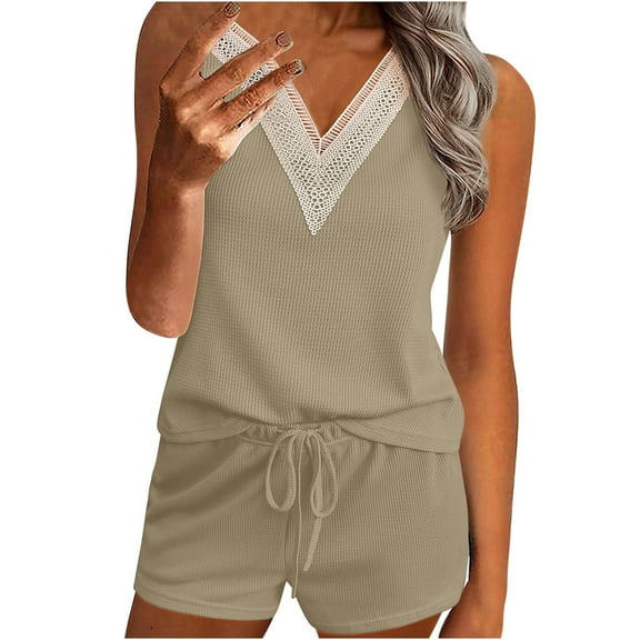 Scyoekwg Womens 2 Piece Outfits for Summer Sweatsuits Sets Trendy Tracksuit Sleeveless V-Neck Crochet Lace Trim Tops Shorts Solid Color Casual Loose Matching Sets (Khaki,M)