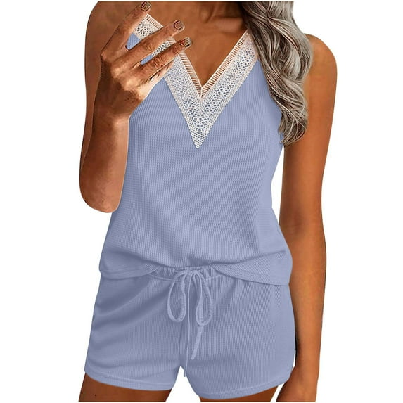 Scyoekwg Womens 2 Piece Outfits for Summer Sweatsuits Sets Trendy Tracksuit Sleeveless V-Neck Crochet Lace Trim Tops Shorts Solid Color Casual Loose Matching Sets (Light Blue,M)
