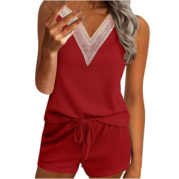 Scyoekwg Womens 2 Piece Outfits for Summer Sweatsuits Sets Trendy Tracksuit Sleeveless V-Neck Crochet Lace Trim Tops Shorts Solid Color Casual Loose Matching Sets (Red,M)