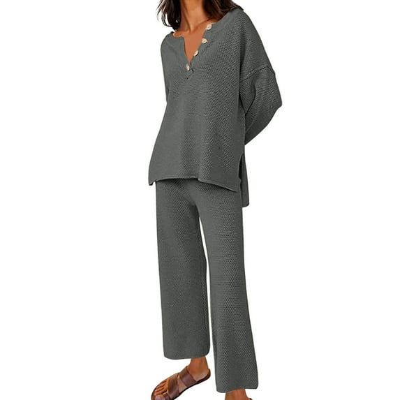 Scyoekwg Womens 2 Piece Sets Casual Sets Button Long Sleeve Tops Wide Leg Pants Fashion Matching Outfits Two Piece Set Sweatsuits (Dark Gray,XXL)