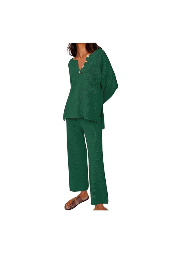 Womens 2 Piece Sets Casual Sets Button Long Sleeve Tops Wide Leg Pants Fashion Matching Outfits Two Piece Set Sweatsuits (Green,XXL)