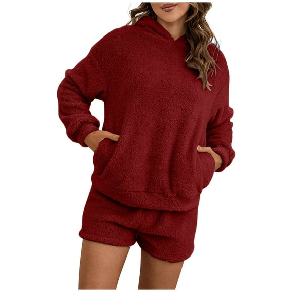 Scyoekwg Womens 2 Piece Sets Casual Sets Long Sleeve Sweatshirt Shorts Matching Outfits Fashion Sweatsuit Tracksuit (Wine,S)