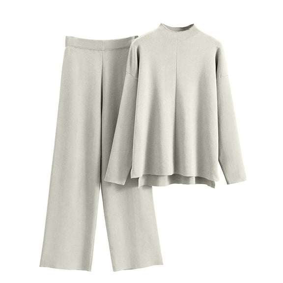 Scyoekwg Womens 2 Piece Sets Casual Sets Sweater Sets Long Sleeve Tops Wide Leg Pants Matching Outfits Two Piece Set Fashion Lounge Set (Beige,Free Size)