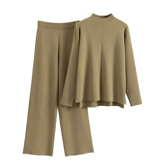 Scyoekwg Womens 2 Piece Sets Casual Sets Sweater Sets Long Sleeve Tops Wide Leg Pants Matching Outfits Two Piece Set Fashion Lounge Set (Khaki,Free Size)