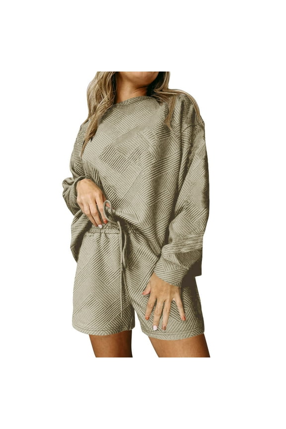 Womens 2 Piece Sets Dressy Sweatsuit Fall Outfits Long Sleeve Sweatshirt Shorts Fashion Casual Matching Outfits Sets (Beige,S)