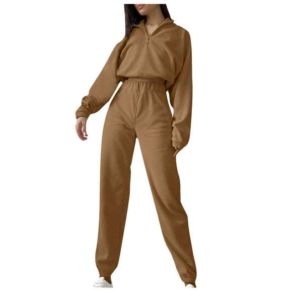 Scyoekwg Womens 2 Piece Sets Dressy Sweatsuit Fall Outfits Long Sleeve Tops Wide Leg Pants Casual Matching Outfits Two Piece Set Fashion Tracksuit (Khaki,XL)