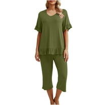Scyoekwg Womens 2 Piece Sets Summer Outfits Loose Tracksuit Trendy Sweatsuits Sets Solid Color Short Sleeve V-Neck Tops Wide Leg Pants Casual Outfits (Army Green,L)