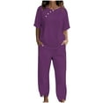 thumbnail image 1 of Scyoekwg Womens 2 Piece Sets Summer Outfits Trendy Short Sleeve Round Neck Tops Jogger Pants Tracksuit Casual Sweatsuits Sets Solid Color Loose Outfits (Purple,M), 1 of 4